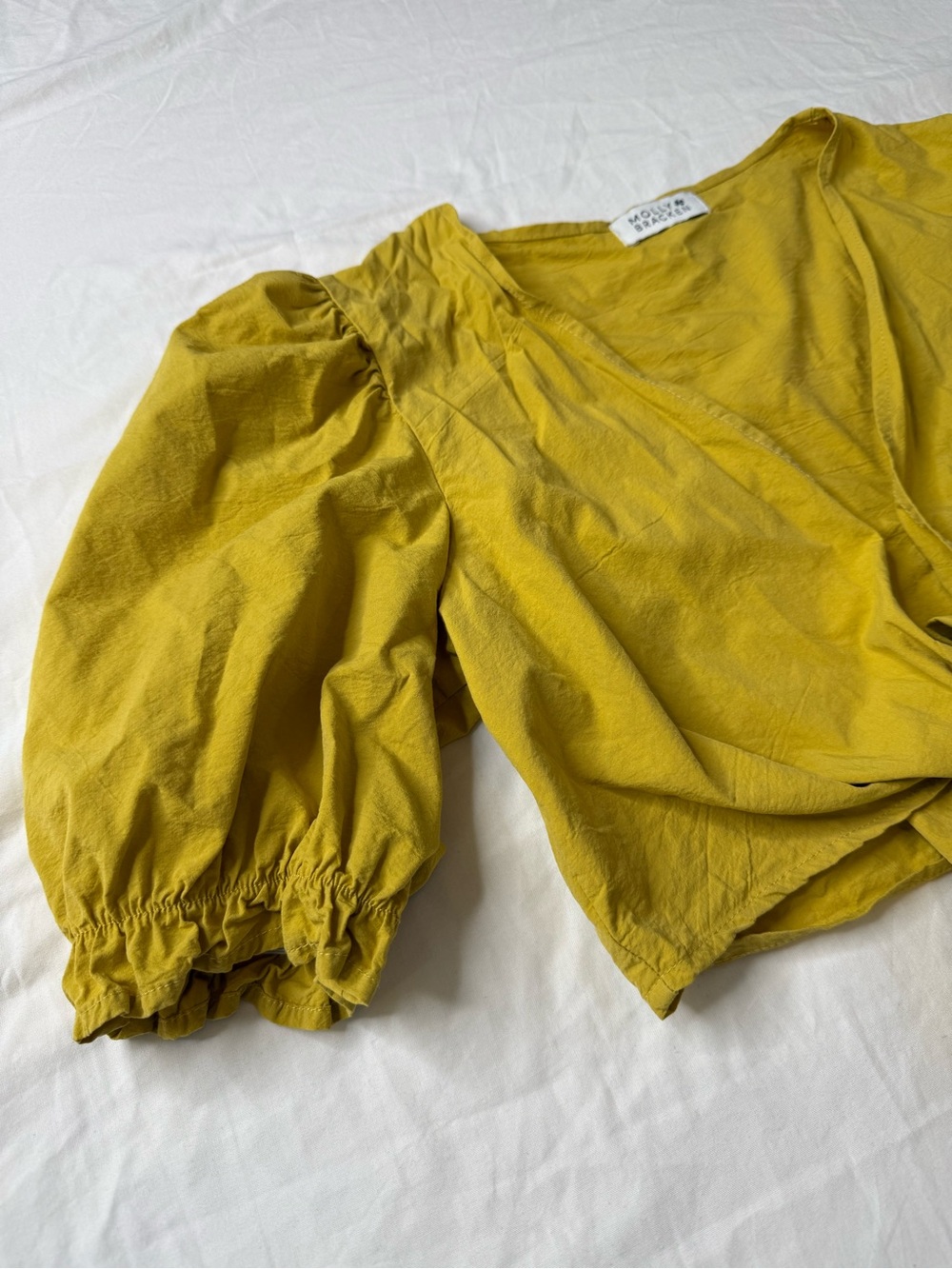Molly Bracken Yellow Tie Front Puff Sleeve Cotton Top Boho Peplum Blouse xs/s - Picture 4 of 7